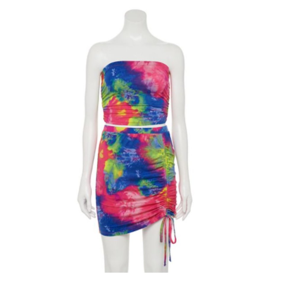 Juniors' Almost Famous Strapless Bandeau Top & Ruched Mini Skirt Set Outfit NEW